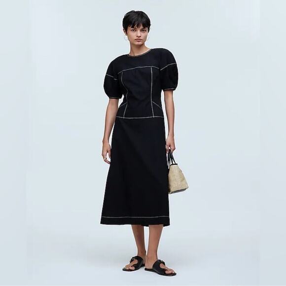 Madewell Puff-Sleeve Drop-Waist Midi Dress Size: 0, NWT - Picture 1 of 13
